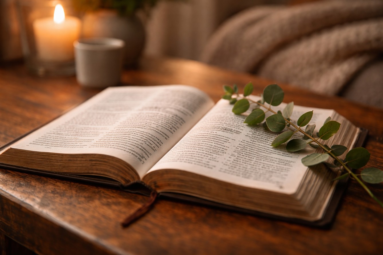Bíblia aberta com planta
